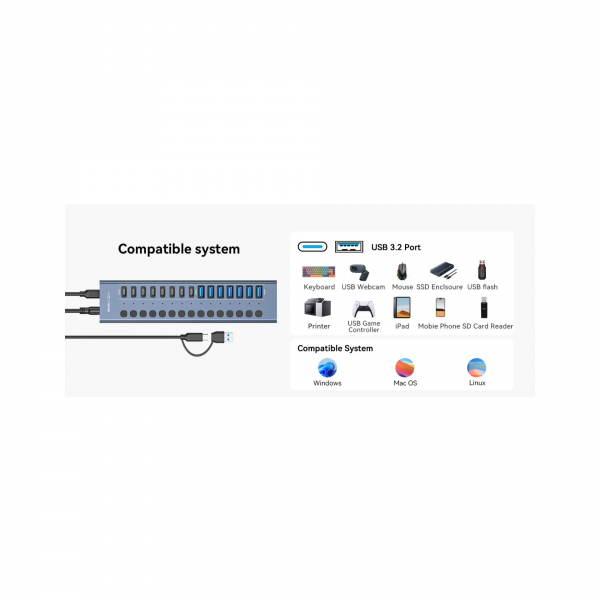USB-хаб Acasis HB16Max, 16 портов (8 USB-A + 8 USB-C) 
