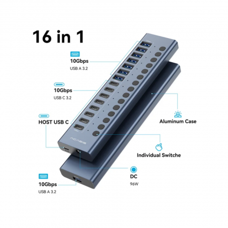 USB-хаб Acasis HB16Pro, 16 портов (8 USB-A + 8 USB-C)