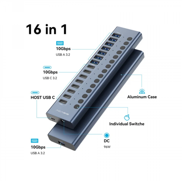 USB-хаб Acasis HB16Pro, 16 портов (8 USB-A + 8 USB-C)