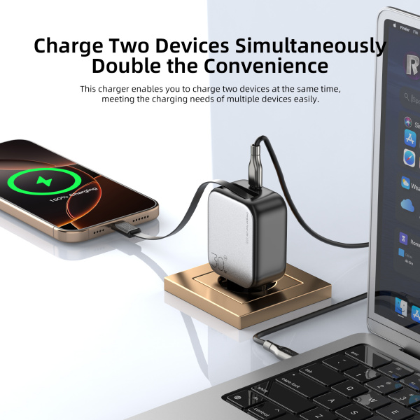 Сетевое зарядное устройство с выдвижным кабелем Vyvylabs Swiftshine 65W (GANXY65E)